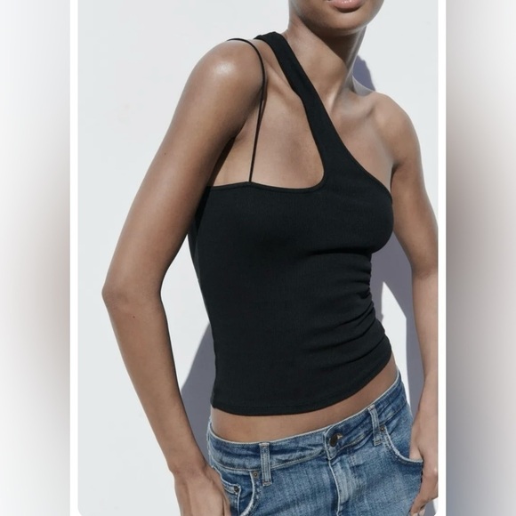 Zara Asymmetric Neckline Black top nwt size small - Picture 2 of 7